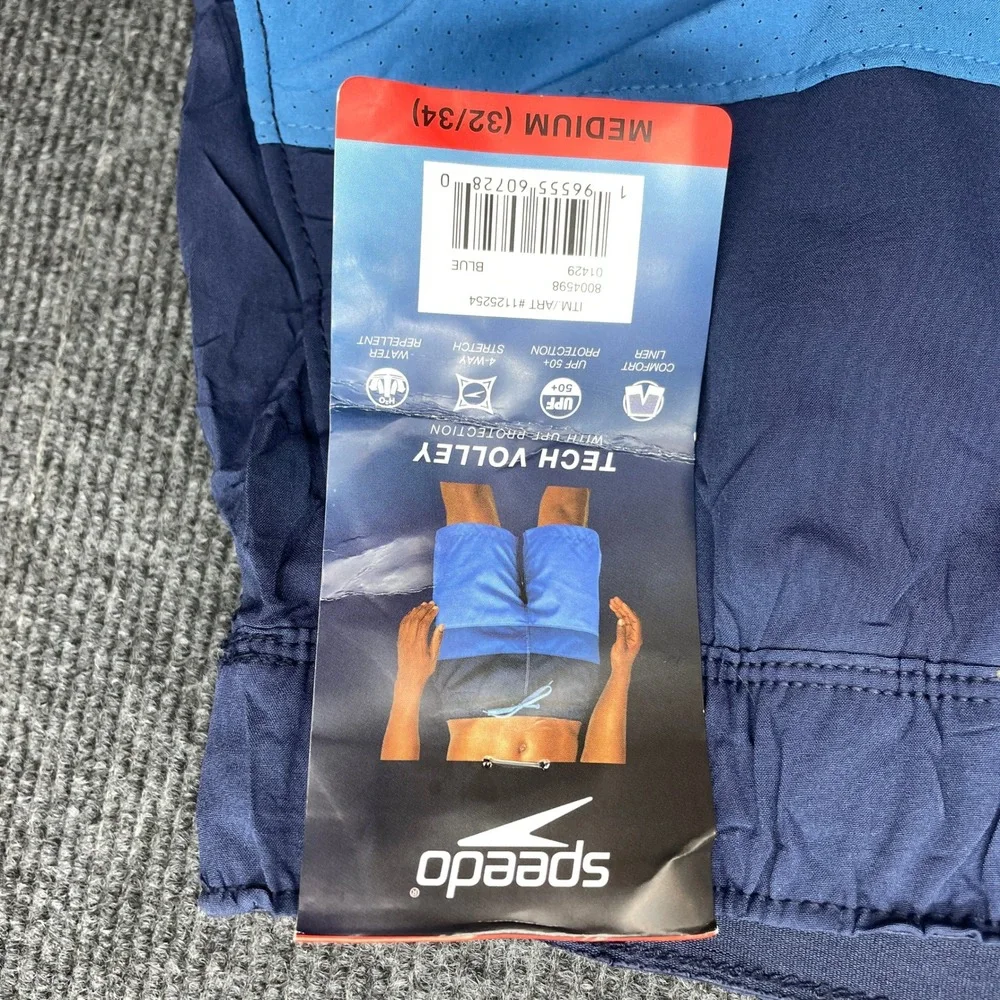 Speedo Tech Volley Swim Trunks Men's M 32/34 Blue Colorblock UPF 50+ NWT